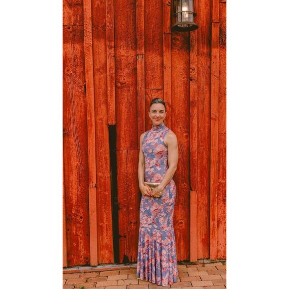 CAROLINE CONSTAS Blue Floral Mock Neck Sleeveless Trumpet Brigitta Gown Size M - Picture 14 of 15